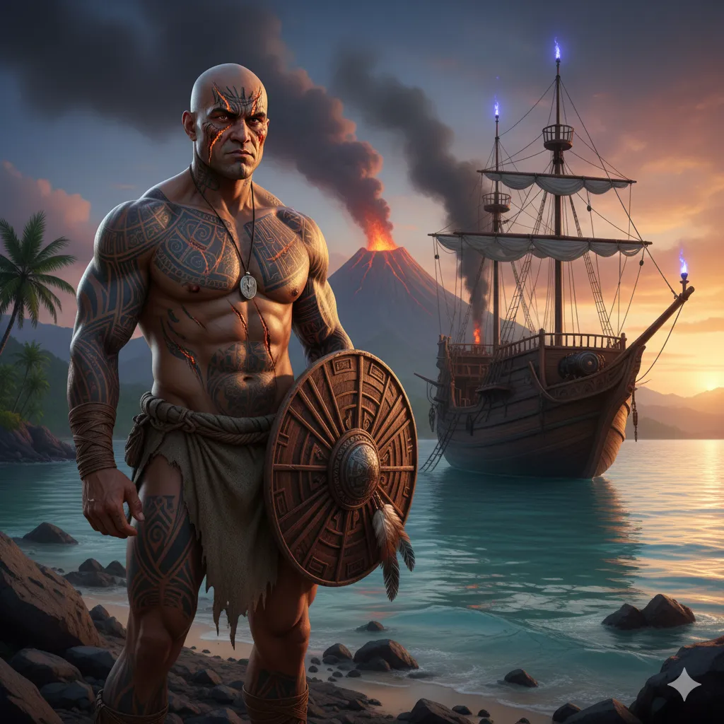 Kahurangi standing on the shore with a ship behind him