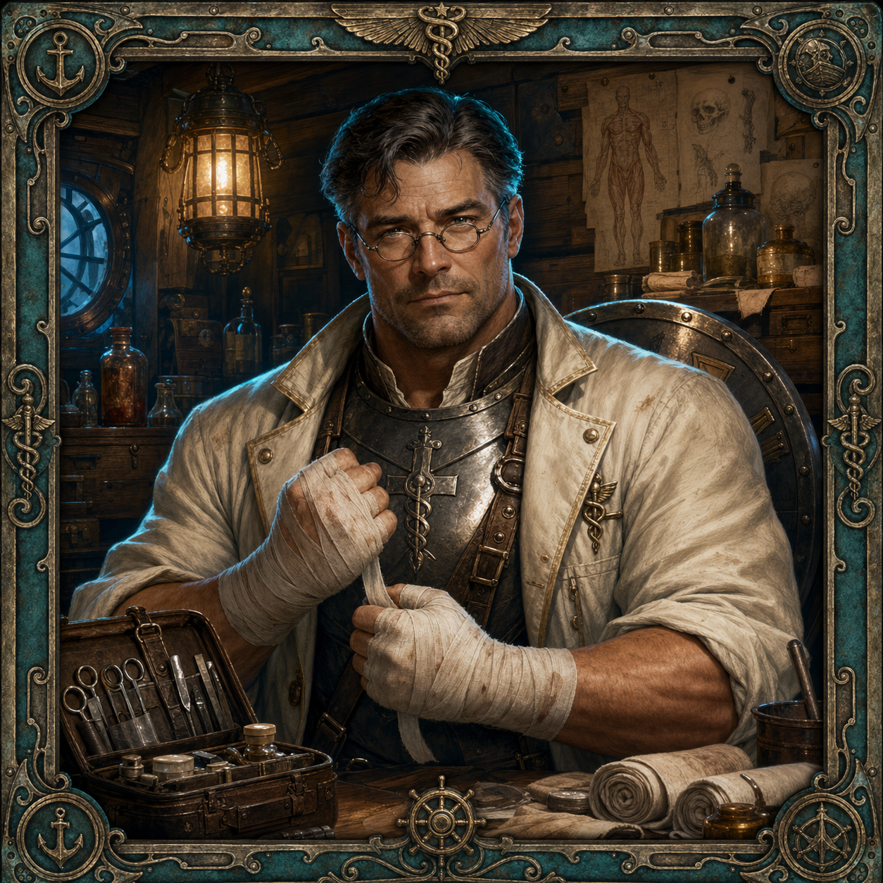 Dr. Jekyll wrapping his fists in a shipboard infirmary