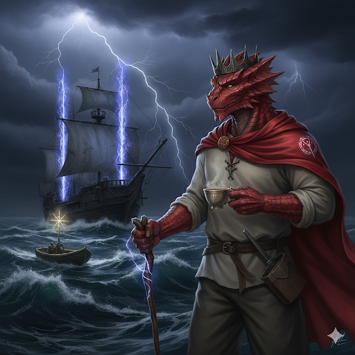 Ryuto before a storm-lit ship