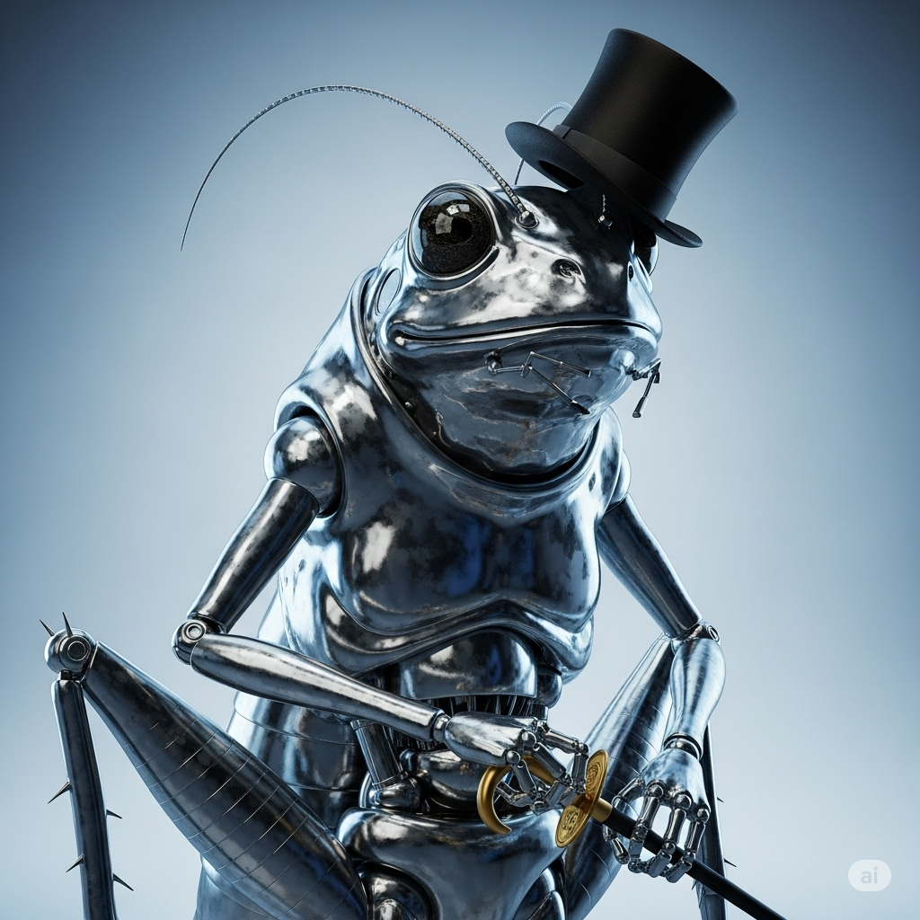Concept art of Jimminy as a skeletal frog wearing a top hat