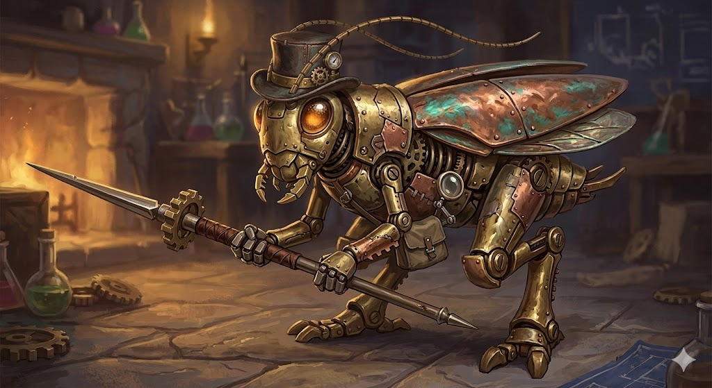 Concept art of Jimminy as a mechanical cricket