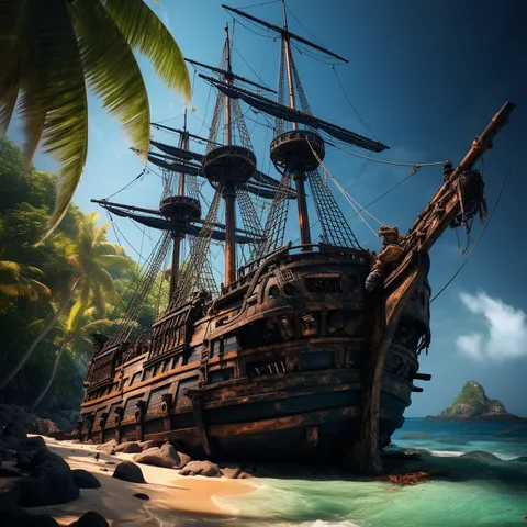 A weathered galleon run aground on a palm-lined tropical shore, its dark hull leaning toward the beach with a rocky islet offshore