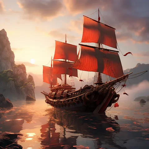 An ornate ship with crimson sails gliding at sunset between mist-wrapped sea stacks, petals scattered on the still water