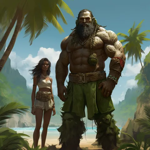 A towering moss-draped islander with pale tattoos and a gourd pendant standing beside a young woman on a jungle beach