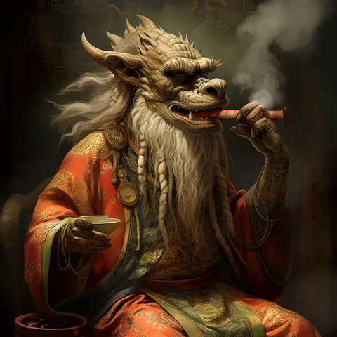 A dragon-blooded elder in embroidered Cathayan silks, smoking a long pipe with a teacup in hand