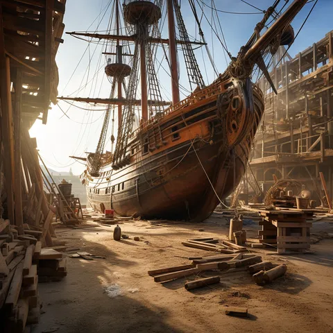 A tall ship propped in a sunlit drydock, hull braced by wooden scaffolding with timber and tools scattered across the yard
