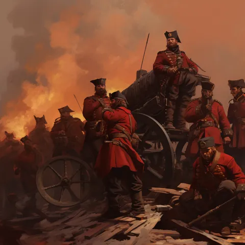 Red-uniformed soldiers crewing a heavy cannon amid smoke and firelight