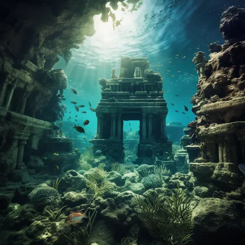 Sunken stone temple ruins on the seafloor, lit by shafts of sunlight and circled by reef fish