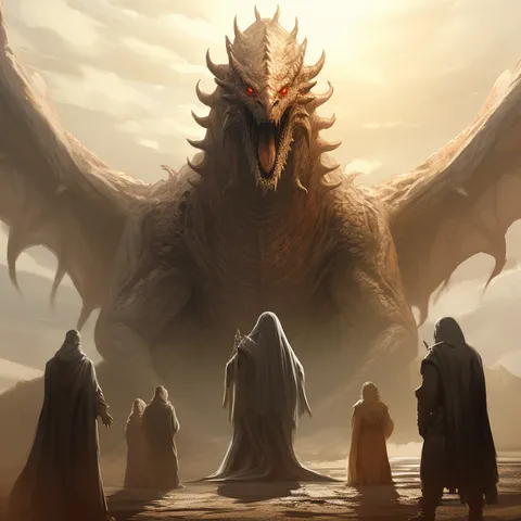A colossal pale dragon with burning red eyes looming over a small circle of robed figures in a bright desert haze