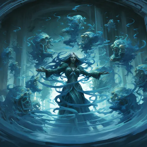 A sorceress with outstretched arms at the center of a swirling vortex of spectral skulls and blue currents